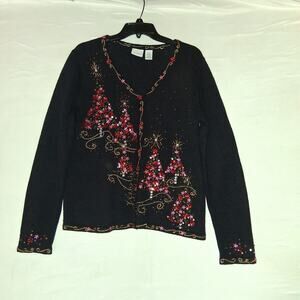 Kim Rogers Womens Sz M Christmas Sweater Cardigan Black Red Pink Sequins Trees